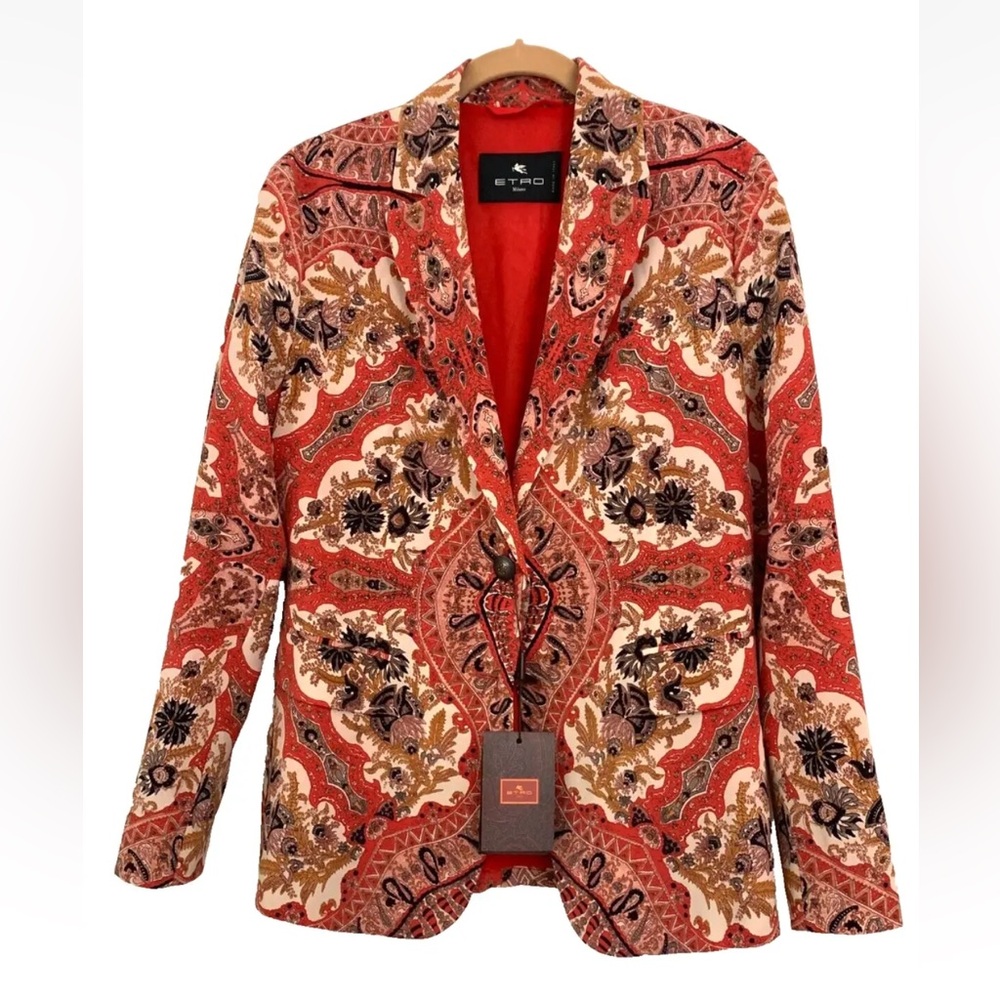 ETRO Jacket Red Beige Multi-Print 100% Silk Front Button Packets Size 46 NWT
